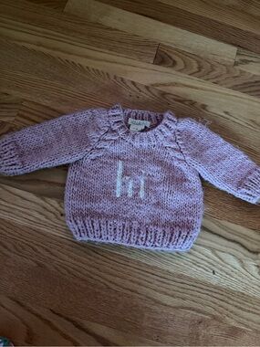 Pink Knit Crewneck Baby Sweater with White 'hi' Accent